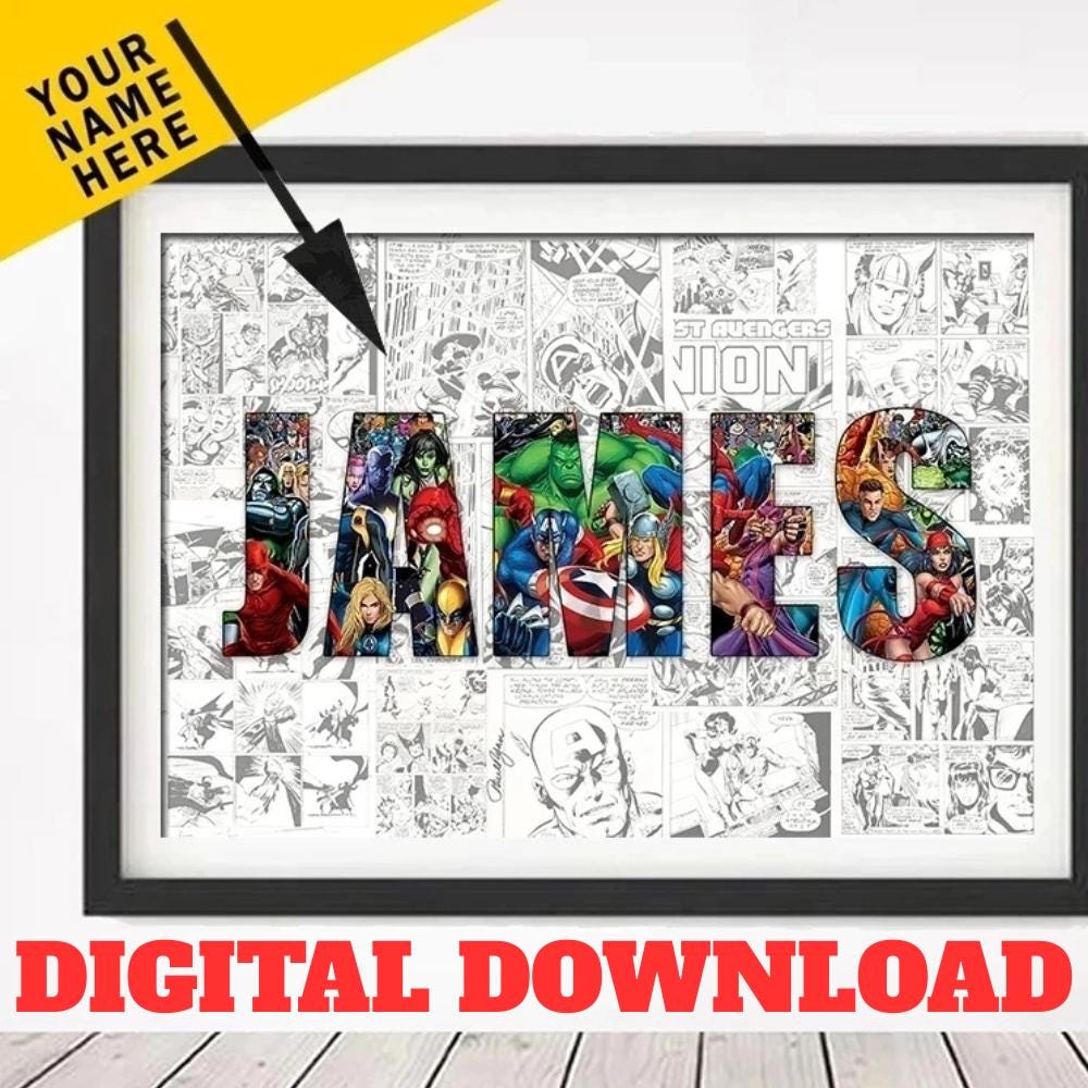 Personalised NAME Word Art Print Superhero Character Posters Avenger Digital Canvas Wall Art Customize Gift Home Decor, Superhero Name
