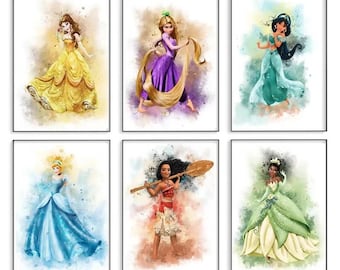 Muurkunstset aquarel prinses – op sprookjes geïnspireerde prints voor kinderkamer en kinderkamer