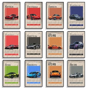 May include: A collage of nine vintage-style posters featuring different sports cars. Each poster has a different car model, year, and name. The posters are all in a similar style, with a white background and black text.