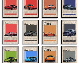 Modern Supercar Poster Set – Ferrari, Porsche, Lambo, JDM & Muscle Car Wall Art – Automotive Gift for Him – Car Enthusiast Decor Print