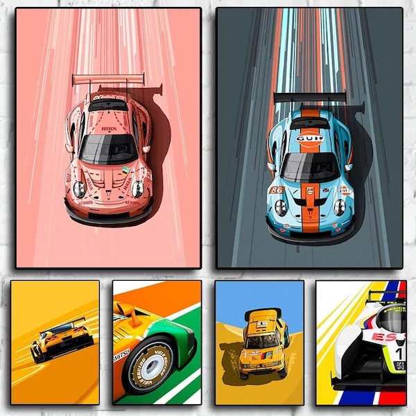 Cartoon Racing Car Poster - Moderner Motorsport Wand Kunst Druck, Ästhetische Rennauto Leinwand für Jungen Zimmer, Wohnzimmer, Rennfahrer Dekor