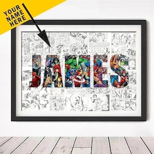 Personalised NAME Word Art Print Superhero Character Posters Avenger Canvas Wall Art Customize Gift Home Decor, Digital Superhero Name
