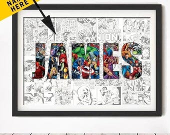 Personalised NAME Word Art Print Superhero Character Posters Avenger Canvas Wall Art Customize Gift Home Decor, Digital Superhero Name