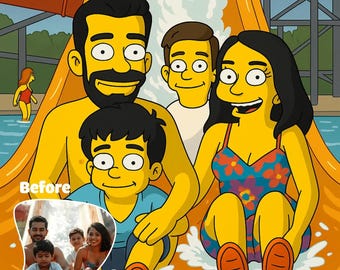Custom Yellow Cartoon Portrait from Photo – Personalized Family Illustration – Funny Animated Style Gift for Couples, Kids, Friends