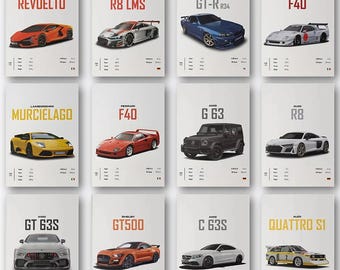 Supercar Wall Art Prints Set | Sports Car Posters for Men | Racing Car Decor for Garage, Office & Bedroom | Gift for Car Enthusiasts