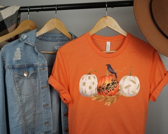 Fall Tee -   Pumpkins & Crow Graphic, Heather Orange Autumn Shirt