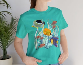 Tropical Fish T-Shirt: Teal Ocean Print Tee, Beach Cover-Up