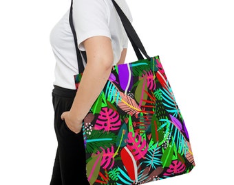 Tote Bag,  Colorful Tropical Print Tote Bag, Polyester Tote Bag, Bright Colors Tote Bag, 18 x 18 Inch Tote Bag