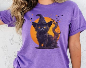 Gato de Halloween con sombrero de bruja, camiseta de Halloween, camiseta de regalo de Halloween, camiseta de Halloween, camiseta de fiesta de Halloween, linda camiseta de otoño, camiseta de Halloween para mujer