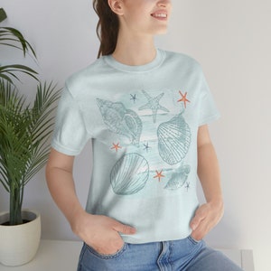 Sea Shells and Starfish T-Shirt, Artsy Sea Shells Tee, Women&#39;s Sea Shell T-shirt, Beach Cover Up Tee, Beach Shirt, Pool Cover Up Tee