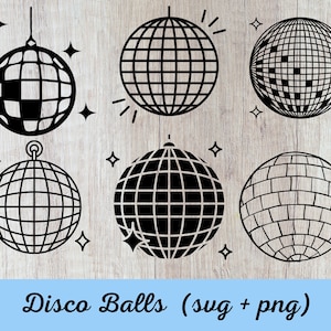 Disco Mirror Ball Vector Clipart Set / Outline, Stamp and Color Graphics / Dance Party Wedding / PNG, SVG,