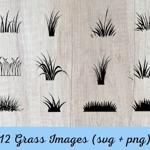 Puede incluir: Doce imágenes en silueta en blanco y negro de diferentes tipos de hierba. La hierba se representa en varios estilos, incluyendo hojas altas, hojas cortas y grupos.