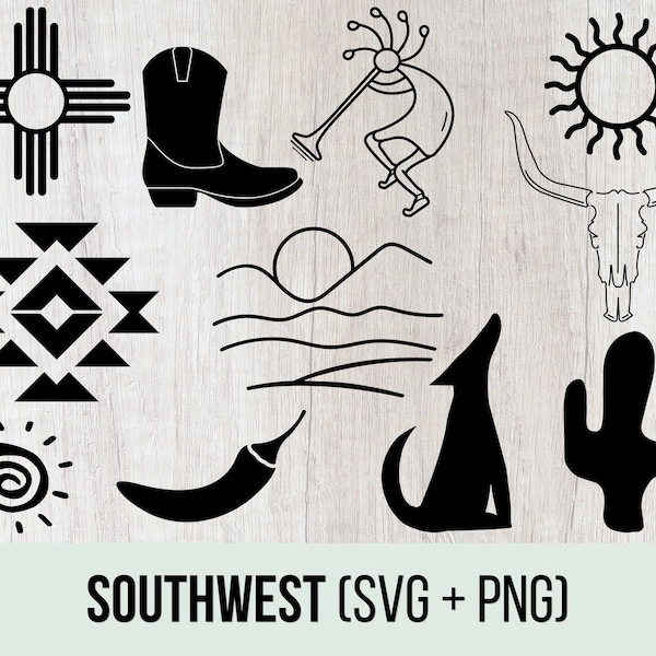 Southwest svg, bundle Southwest clip art, silhouettes, png, coyote, Kokopelli, cactus, skull, chile pepper