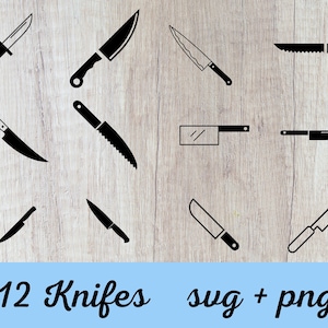 May include: Twelve black and white knife silhouettes on a woodgrain background. The text "12 Knifes sug + png" is at the bottom of the image.