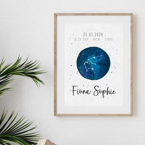 Geburtsbild "STERNENHIMMEL" Wandbild Baby DIN A4 Aquarell Poster Druck personalisiert Sternbild Kinderzimmer Geschenk Geburt Taufe Kind