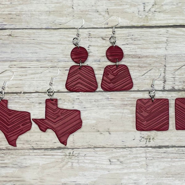 Maroon Clay Earrings, Burgundy Earrings, Textured Polymer Clay Earrings, Texas Clay Earrings, Dangle Earrings,