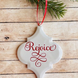 Rejoice Porcelain Christmas Ornament: Handmade Tile Decoration