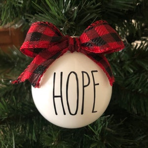 Hope Christmas Ornament: White Shatterproof Glass, Plaid Ribbon