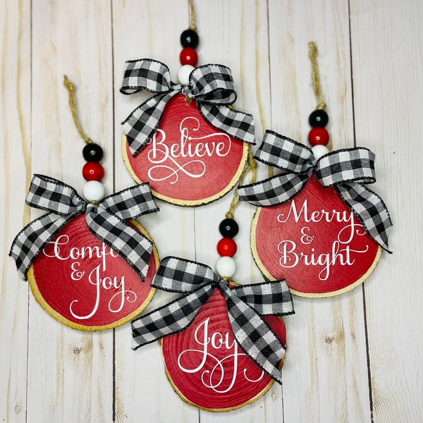 Wood Slice Christmas Ornament, Rustic Tree Ornament, Farmhouse Decor, Joy, Merry and Bright, Comfort and Joy, Believe, Buffalo Plaid