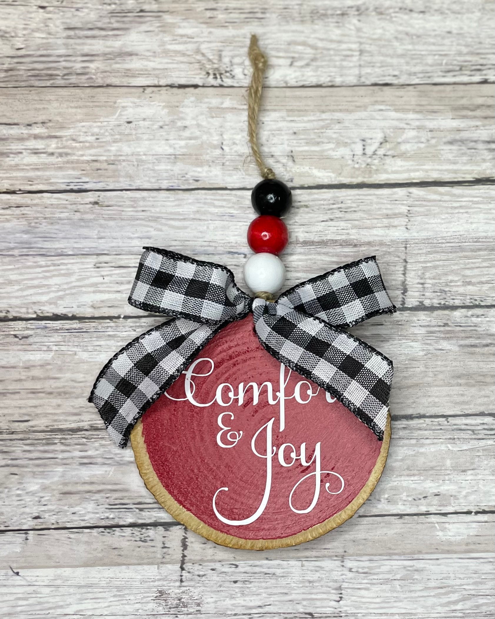Farmhouse Christmas Ornaments Set of 3  Red White Wood Slices - Believe  Noel Joy