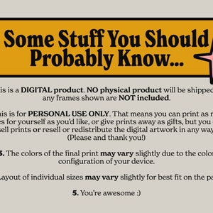 May include: A yellow and black banner with the text "Some Stuff You Should Probably Know..." and a pink star. The banner lists five points about digital products, including that they are for personal use only and that no physical product will be shipped.