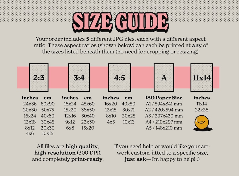 May include: A size guide for digital art prints, showing different aspect ratios and corresponding measurements in inches and centimeters. The guide includes standard ISO paper sizes in millimeters. The text states that all files are high quality, high resolution (300 DPI), and print-ready.