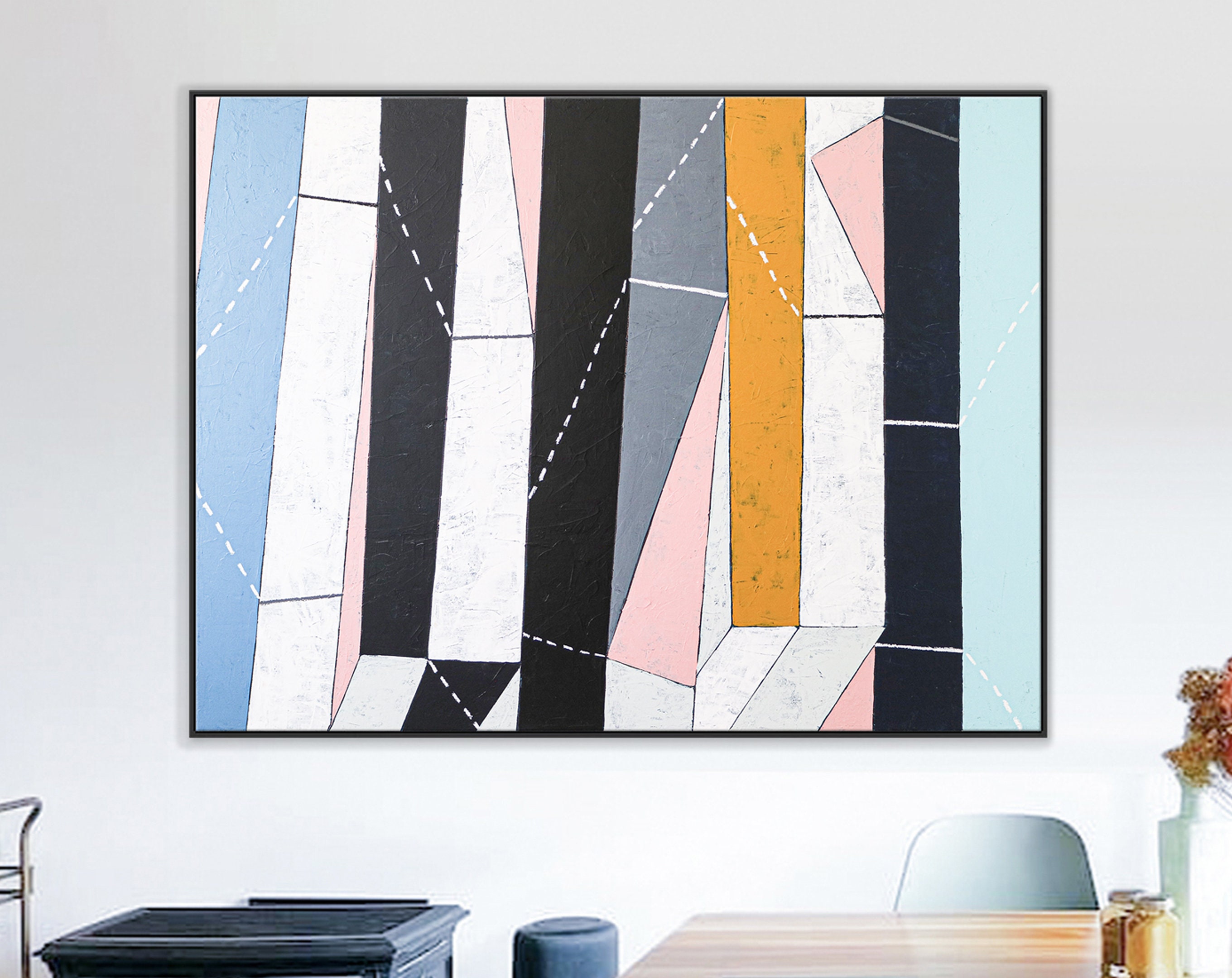 Minimal Colorful Abstract Large Original Painting, Contemporary Modern Canvas Wall Art with Stripes and Blank Spaces ｜ In between blank