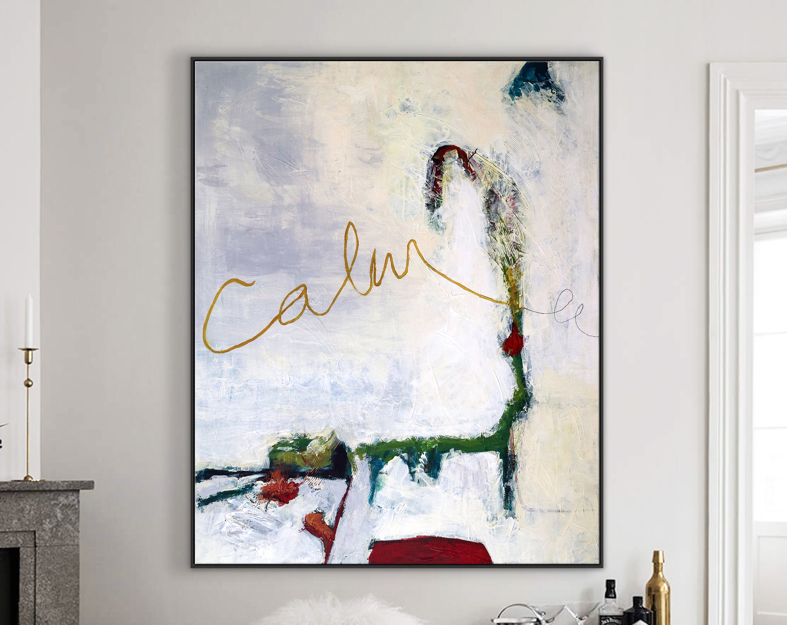 Poetic Large Modern Abstract Original Acrylic Painting, Symphony of Green & Off-White in Abstract Expression ｜ Calm
