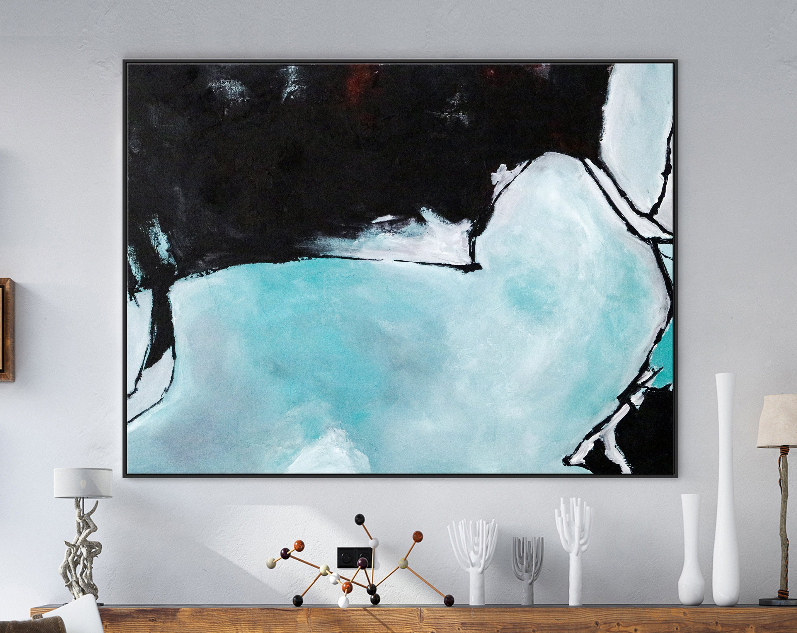 Turquoise & Black Original Abstract Acrylic Painting, Large Minimalist Modern Canvas Wall Art ｜ Disambiguation