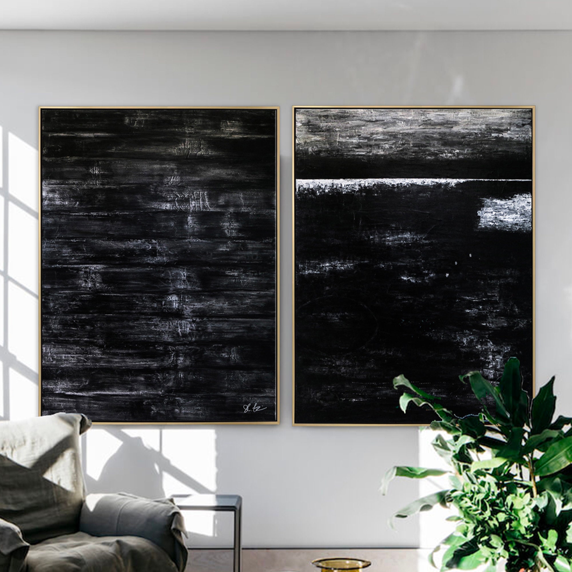 2 Set of Modern Expressionism Abstract Original Painting, Black & White Large Canvas Art in Minimalism ｜ Black Abstract (2 Set)