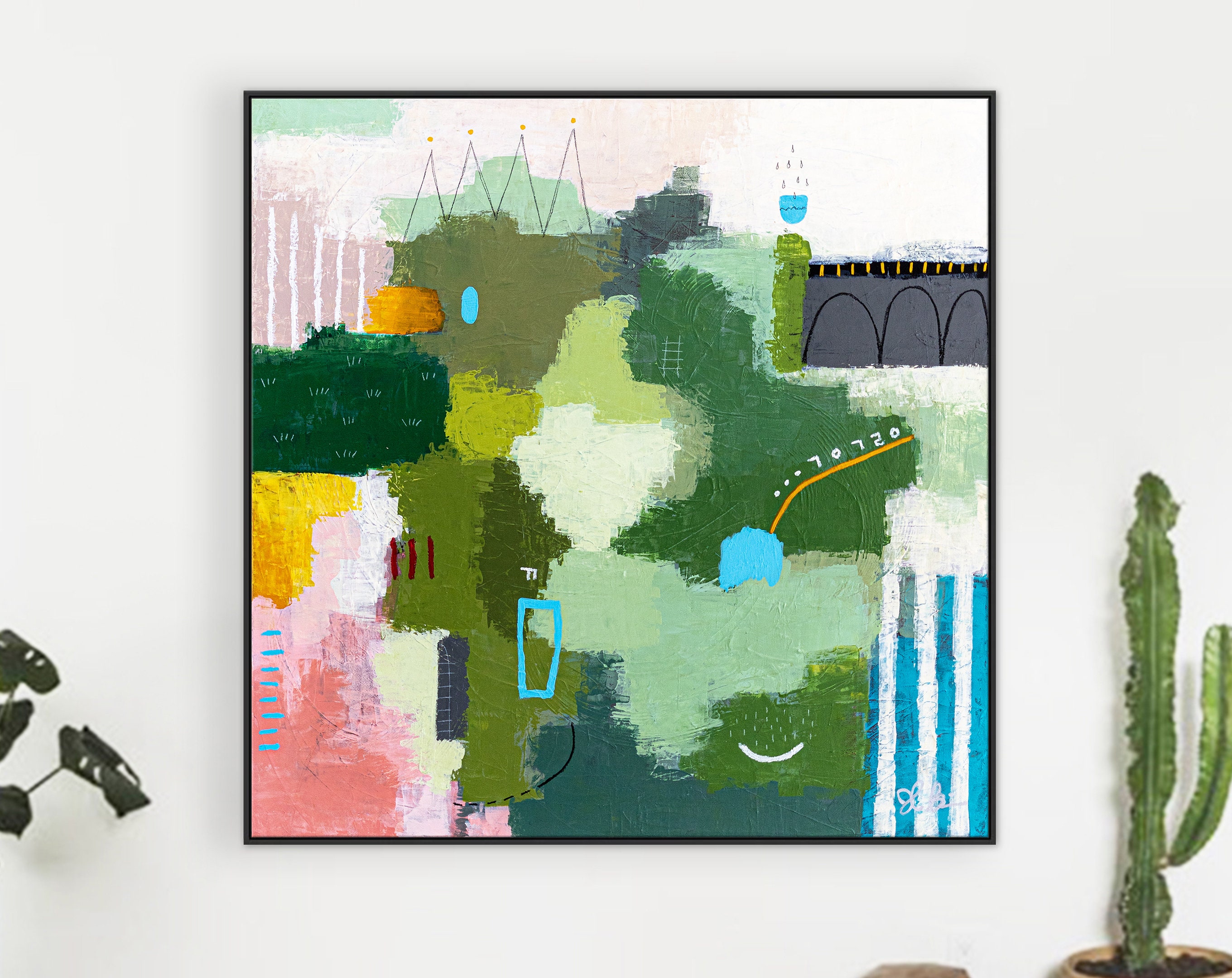 Abstract Acrylic Painting Original, Modern Canvas Wall Art with a Cheerful Green Emphasis ｜ Galene