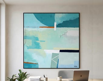 Serene Teal Modern Abstract Wall Art — Original Oil Painting, Textured Canvas Statement — "Daydream of Friday"