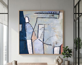 Cool Blue Modern Abstract Wall Art — Large Original Oil Painting, Textured Canvas — "Guess"