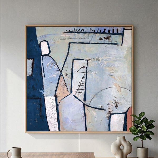 Cool Blue Modern Abstract Wall Art — Large Original Oil Painting, Textured Canvas — "Guess"