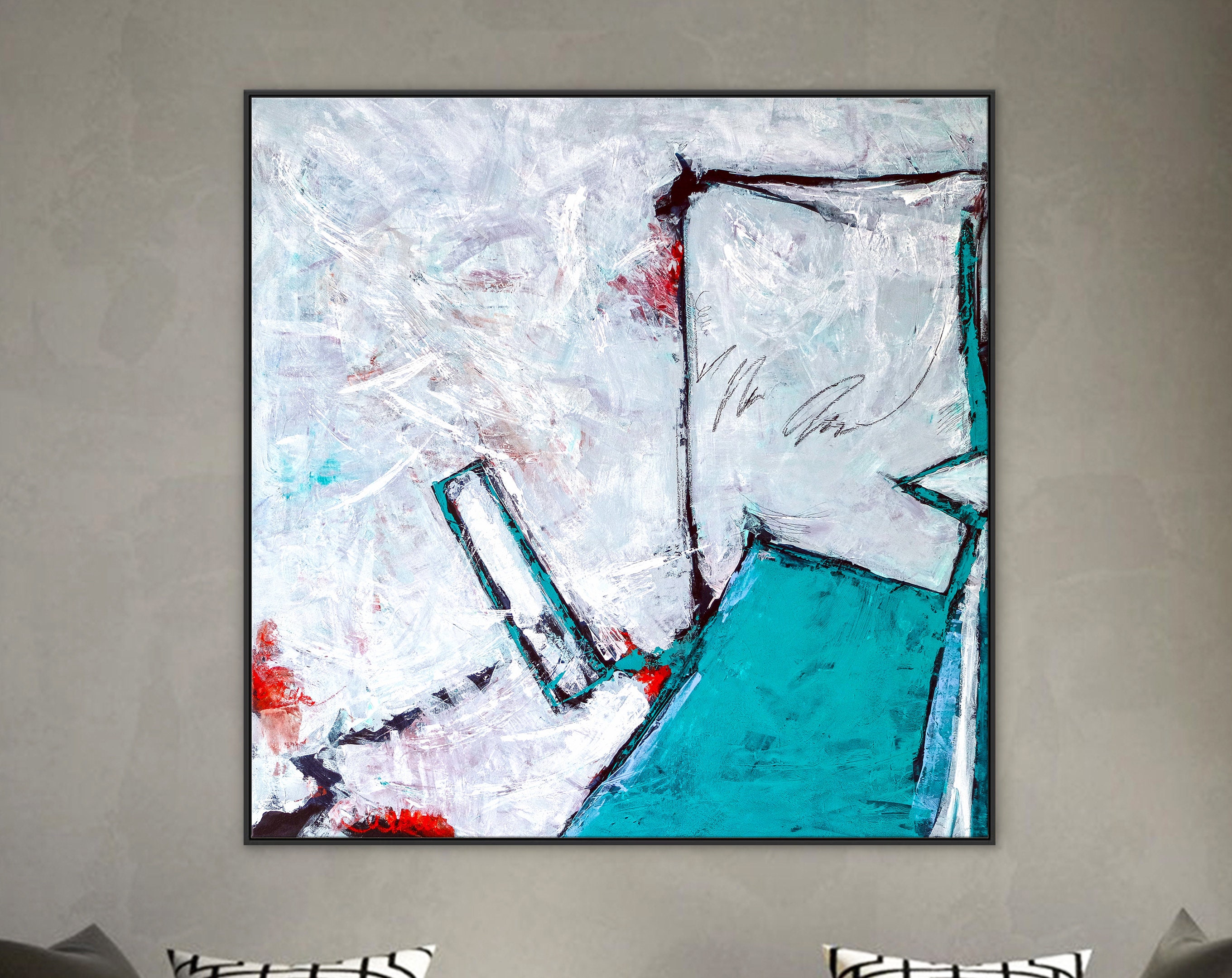 Expressionist Original Abstract Acrylic Painting, Large Modern Canvas Wall Art with Refined Turquoise ｜ Door II