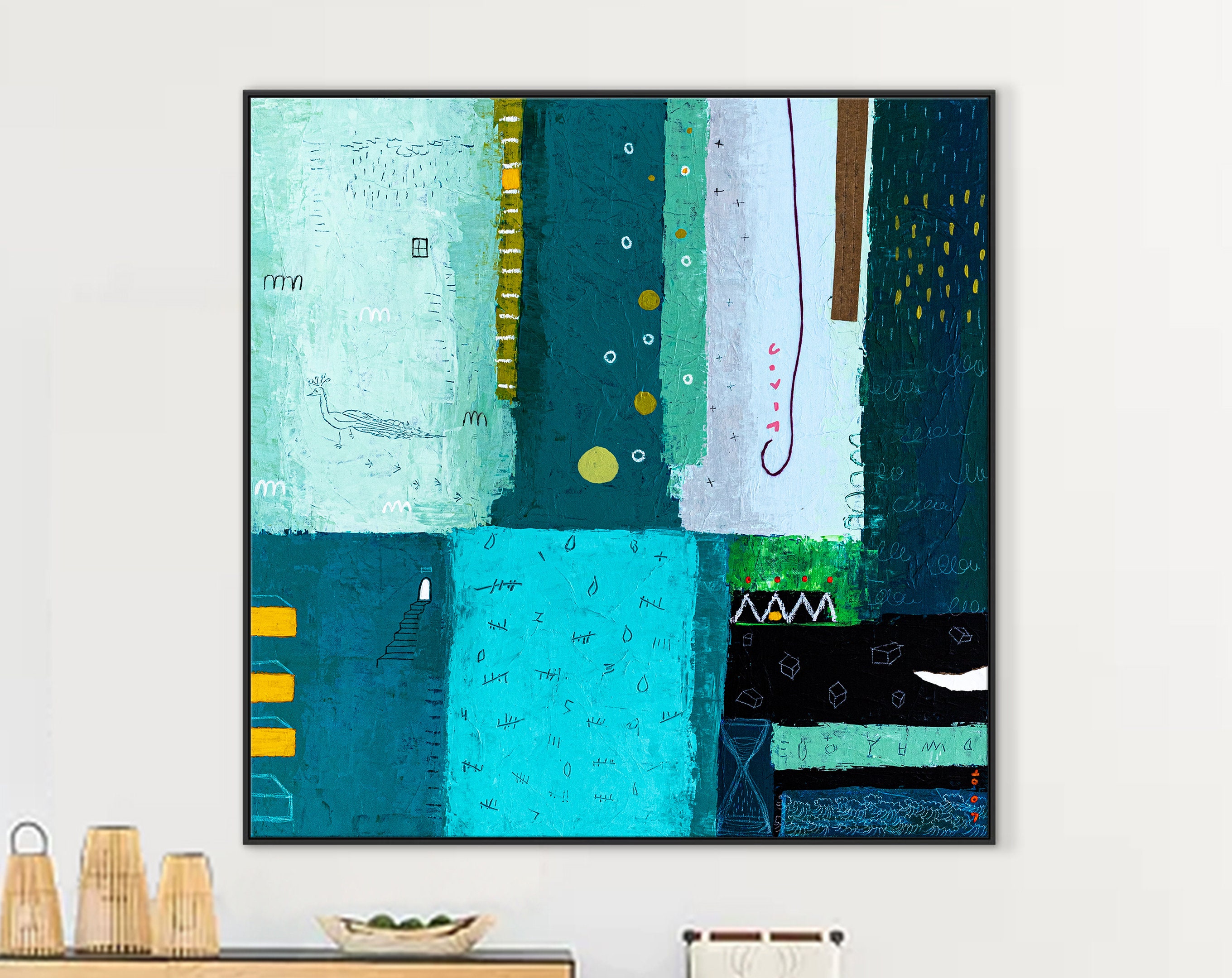 Teal Original Abstract Colorful Painting, Unique Modern Canvas Wall Art with Green Color Theme ｜ Petit Paon