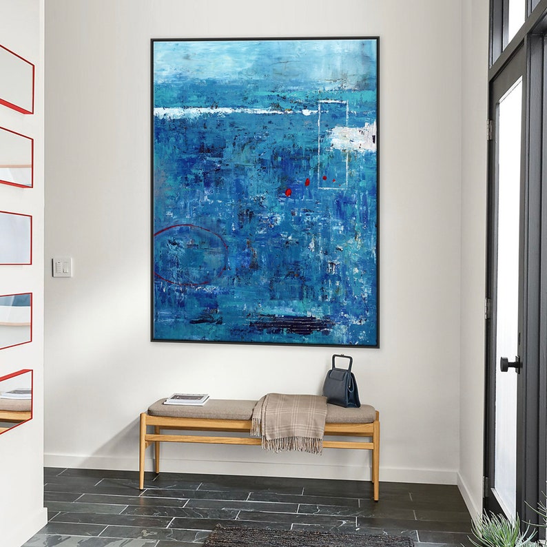 Blue Original Abstract Acrylic Painting in Rough Brush Strokes, Large Modern Canvas Wall Art Red dot transported image 6