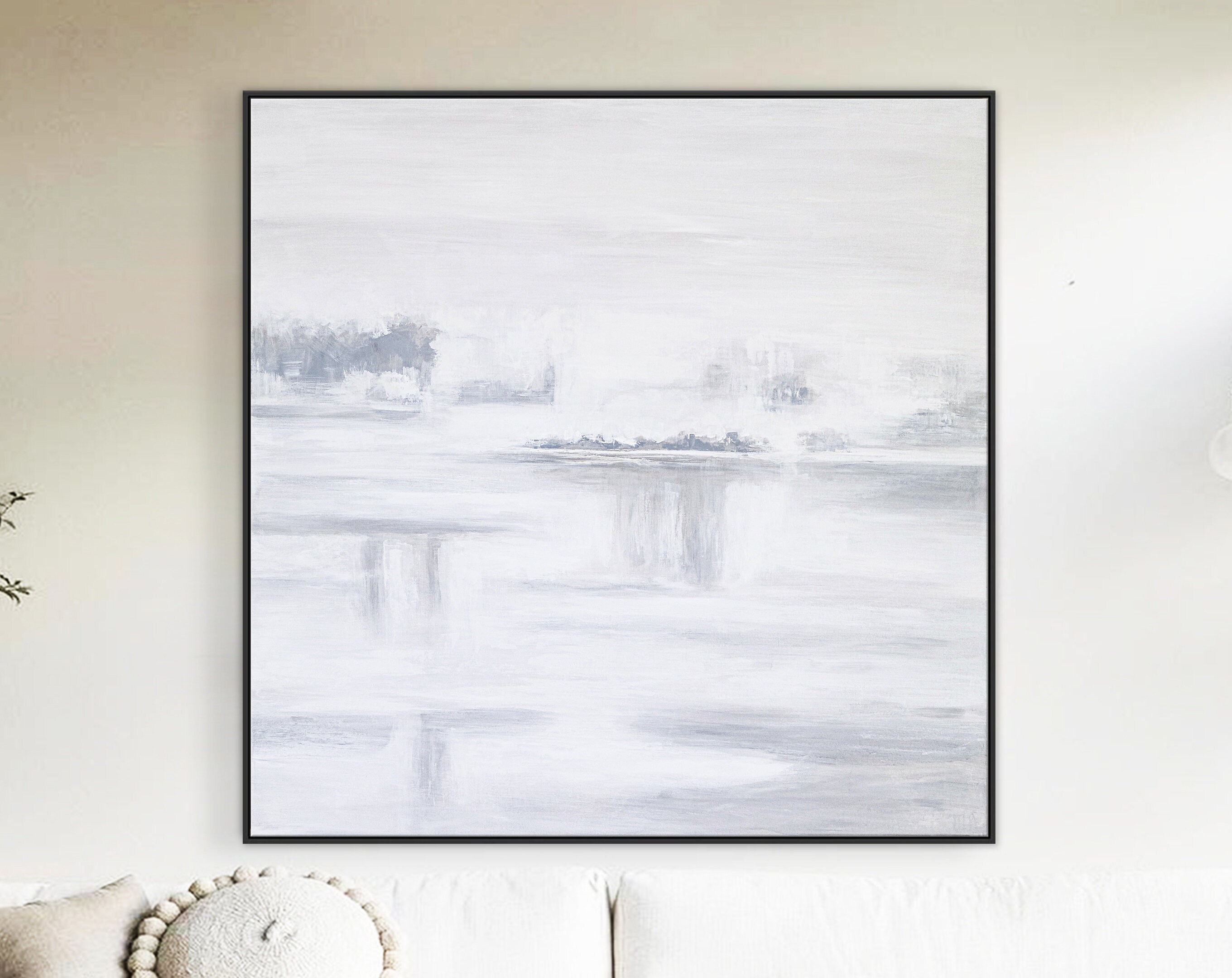 Minimalist White Abstract Painting Original, Black and White Modern Canvas Wall Art Inspired by Nature ｜ White Abstract I