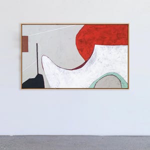 特大サイズの赤とグレーの抽象的な壁掛けアート - 油絵 - 「額と観念」