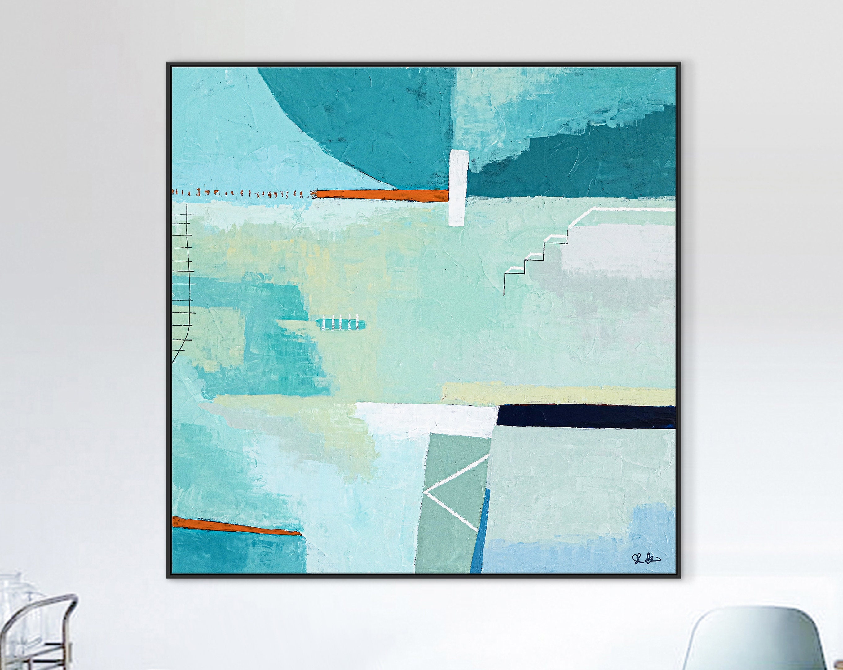 Aqua Abstract Acrylic Painting Original, Contemporary Large Modern Canvas Wall Art ｜ Daydream of Friday