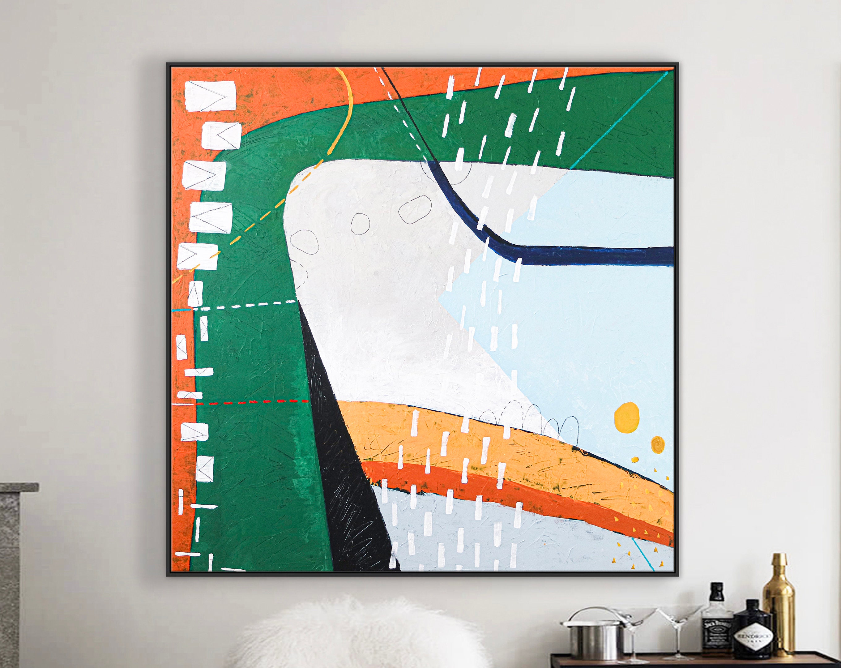 Playful Modern Large Abstract Original Acrylic Painting in Green and Orange, Contemporary Canvas Wall Art ｜ The horizon of thought