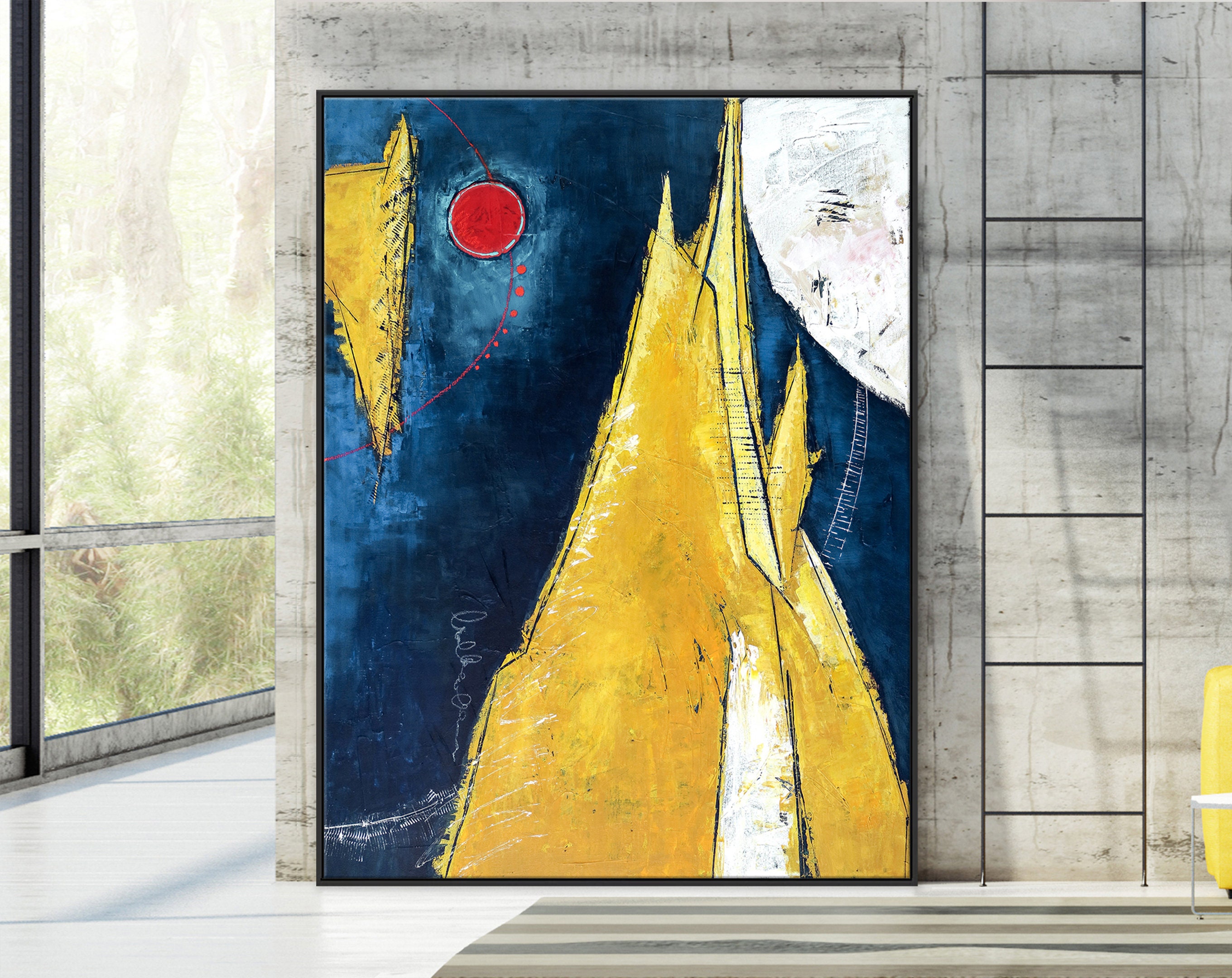 Expressionist Modern Abstract Original Painting, Large Canvas Wall Art of Nature inspired ｜ Sun, Mountain, Moon