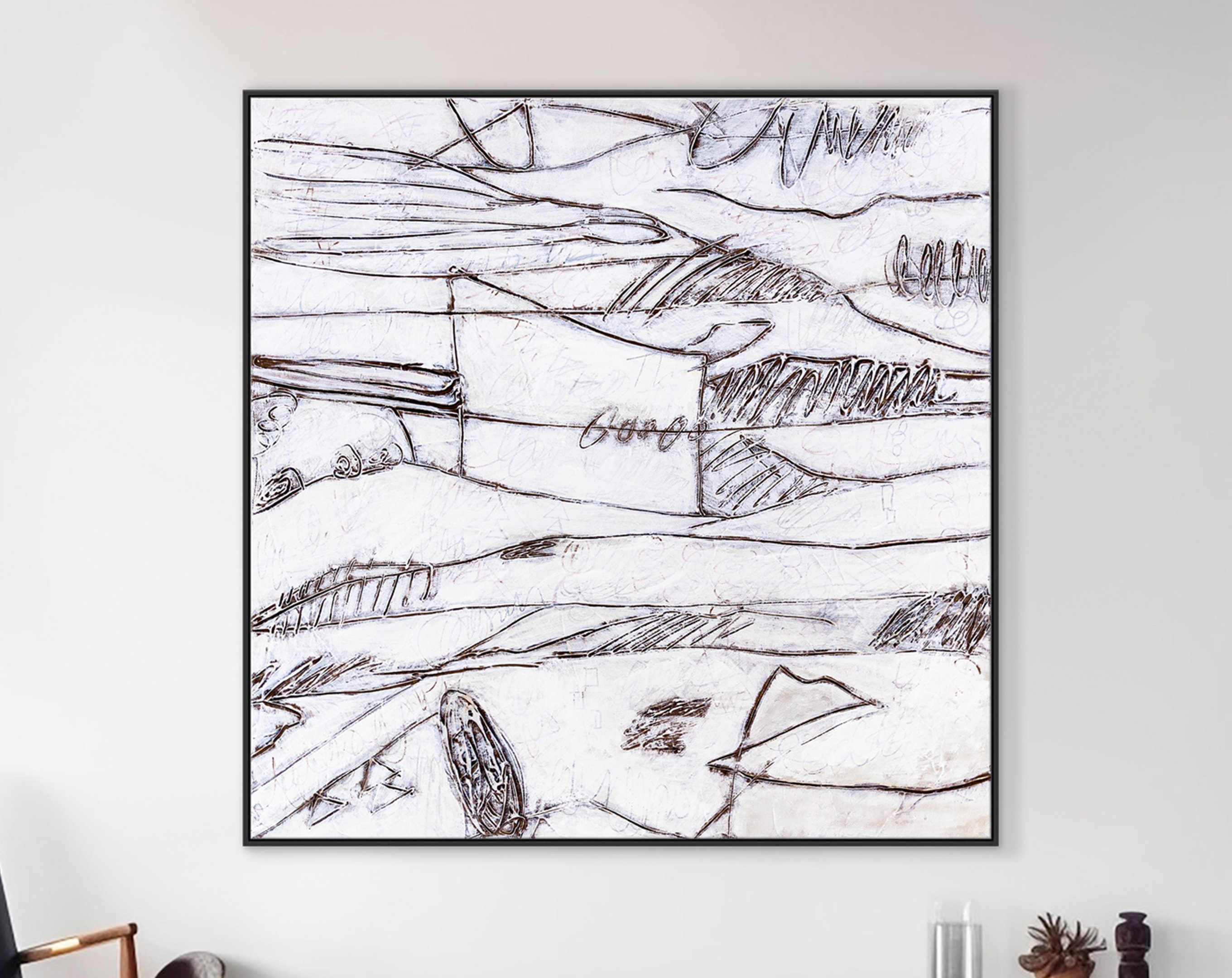 Highlighted with Lines and Texture Large Original Abstract Minimalism Painting, Black and White Modern Canvas Wall Art ｜ Es III