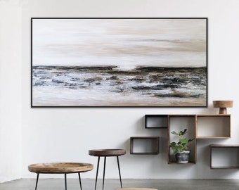 Seascape in Wide Acrylic Abstract Original Painting, Large Canvas Modern Wall Art of Light & Land Boundary | Horizon II