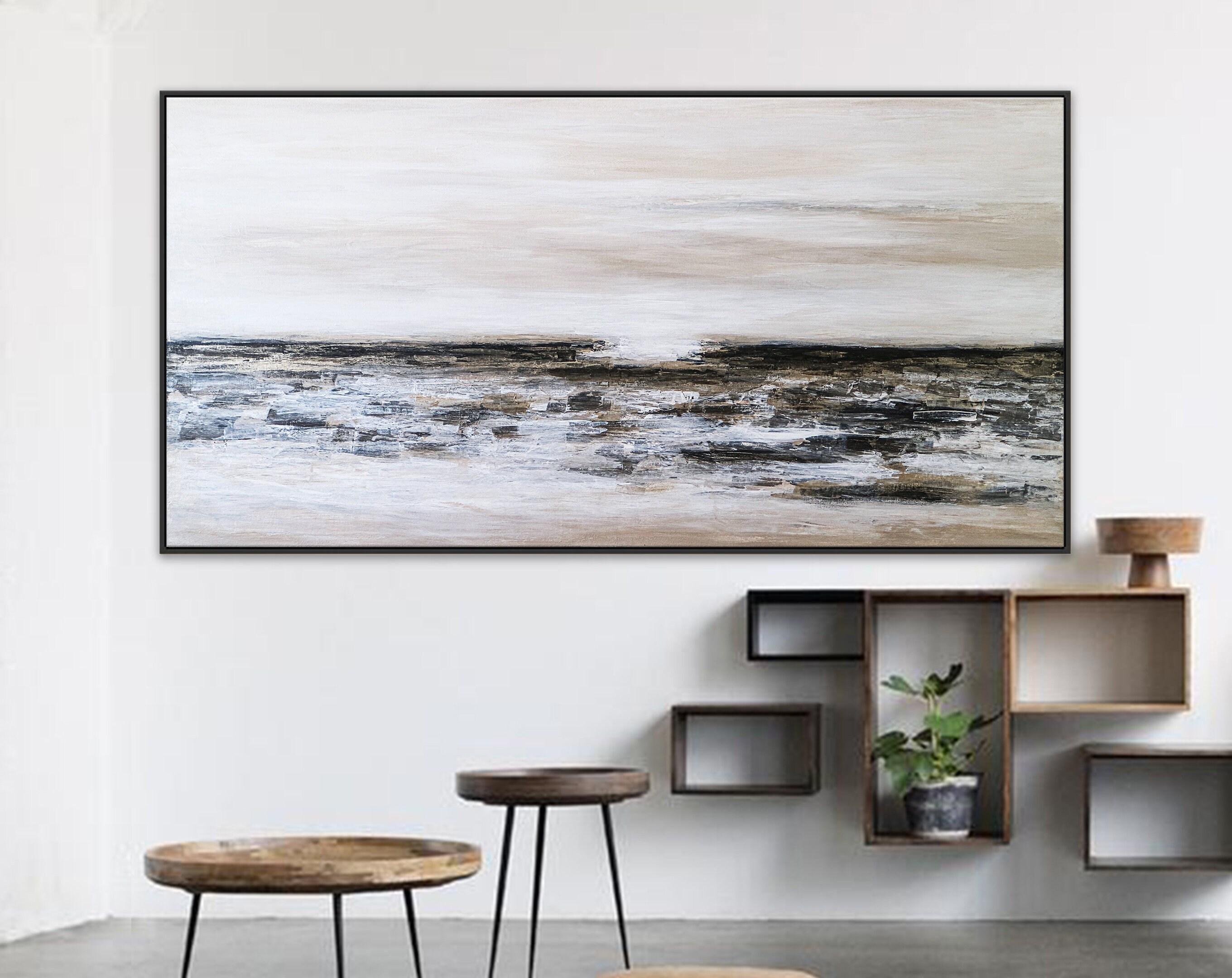 Seascape in Wide Acrylic Abstract Original Painting, Large Canvas Modern Wall Art of Light & Land Boundary ｜ Horizon II