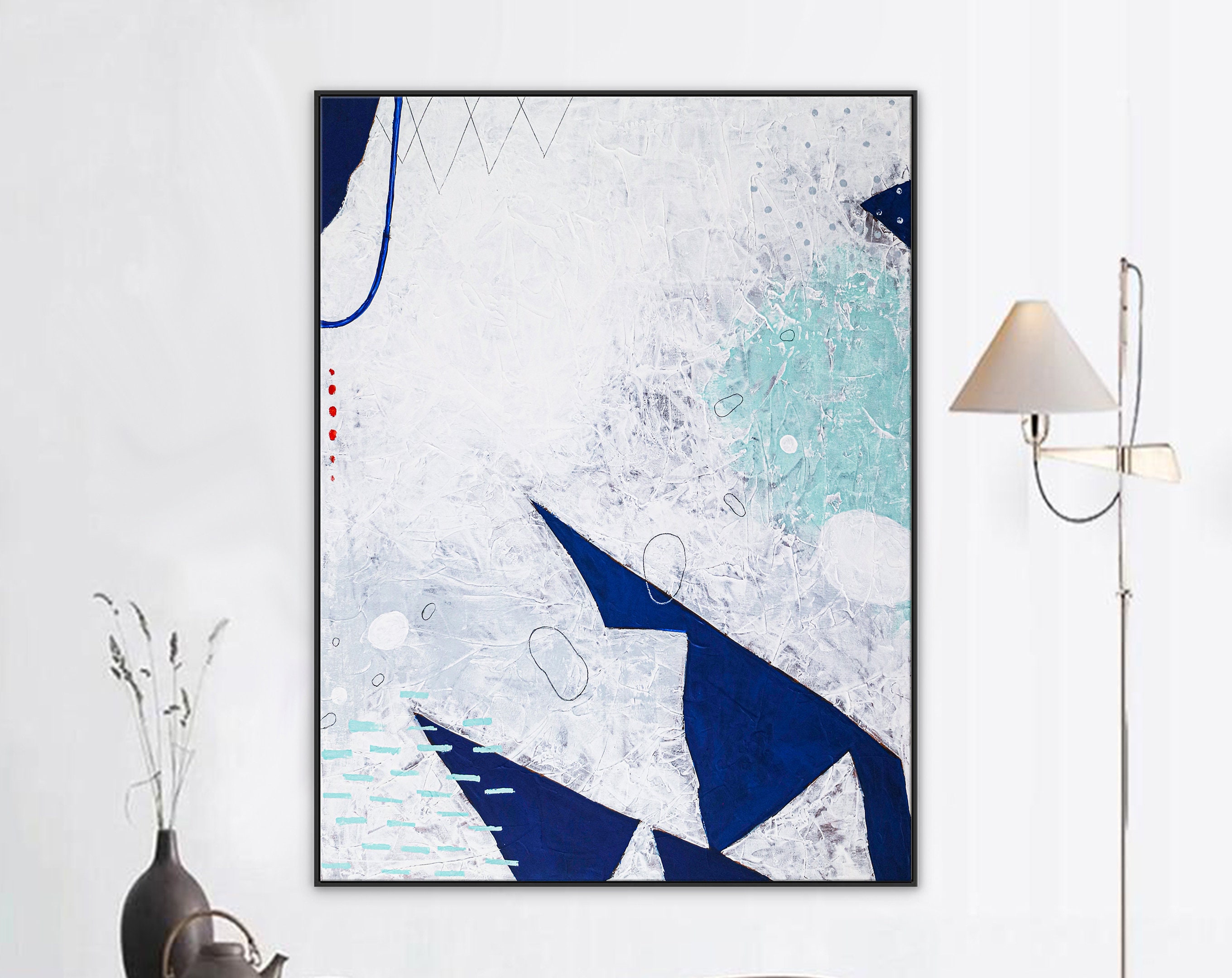 Minimalist Expression of Happiness in Large Modern Abstract Original Acrylic Painting, Blue Canvas Wall Art in Contemporary Style ｜ Vere