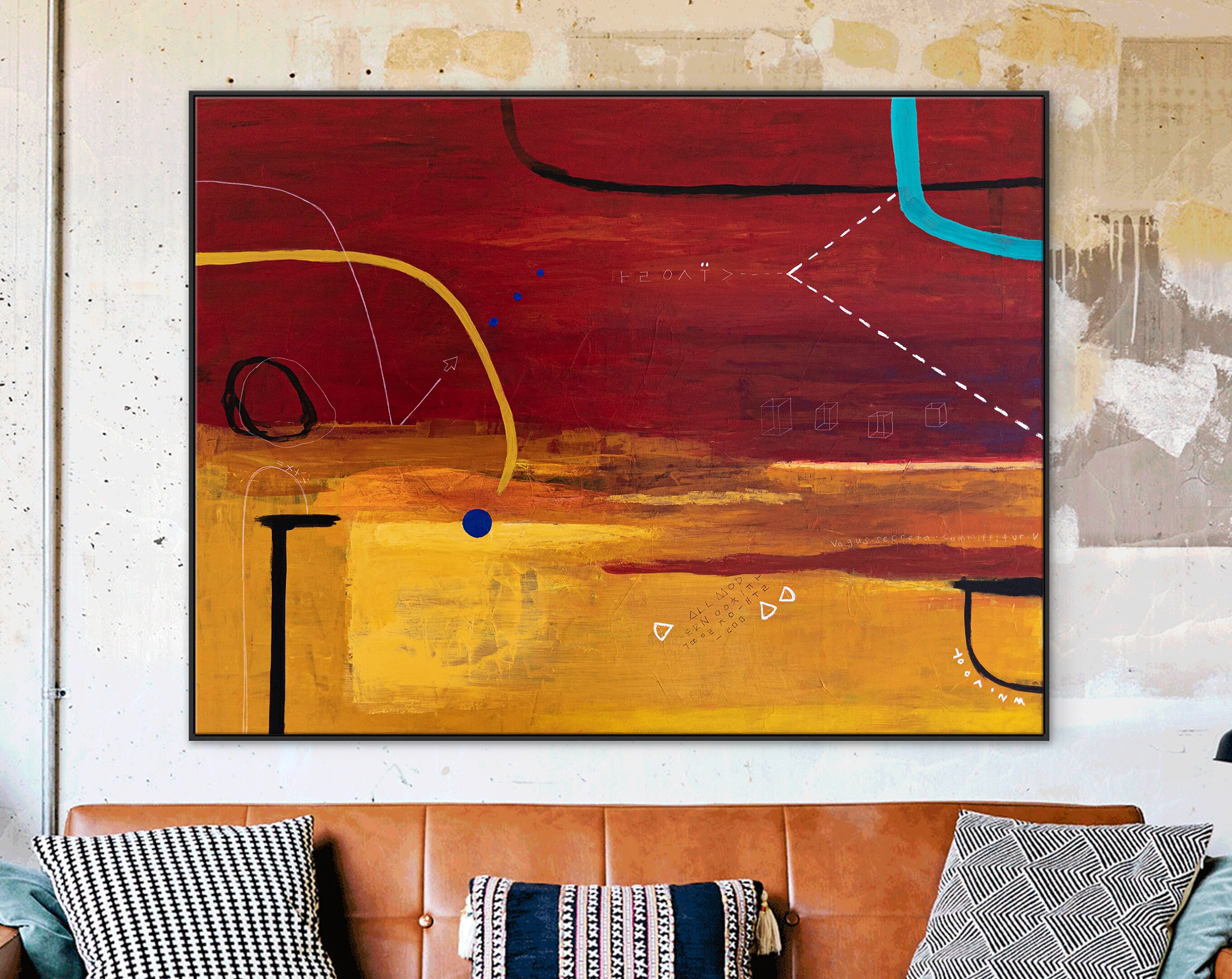 Geometric Large Modern Original Abstract Acrylic Painting with Simple Elements, Red and Yellow Canvas Wall Art ｜ Dypdrom
