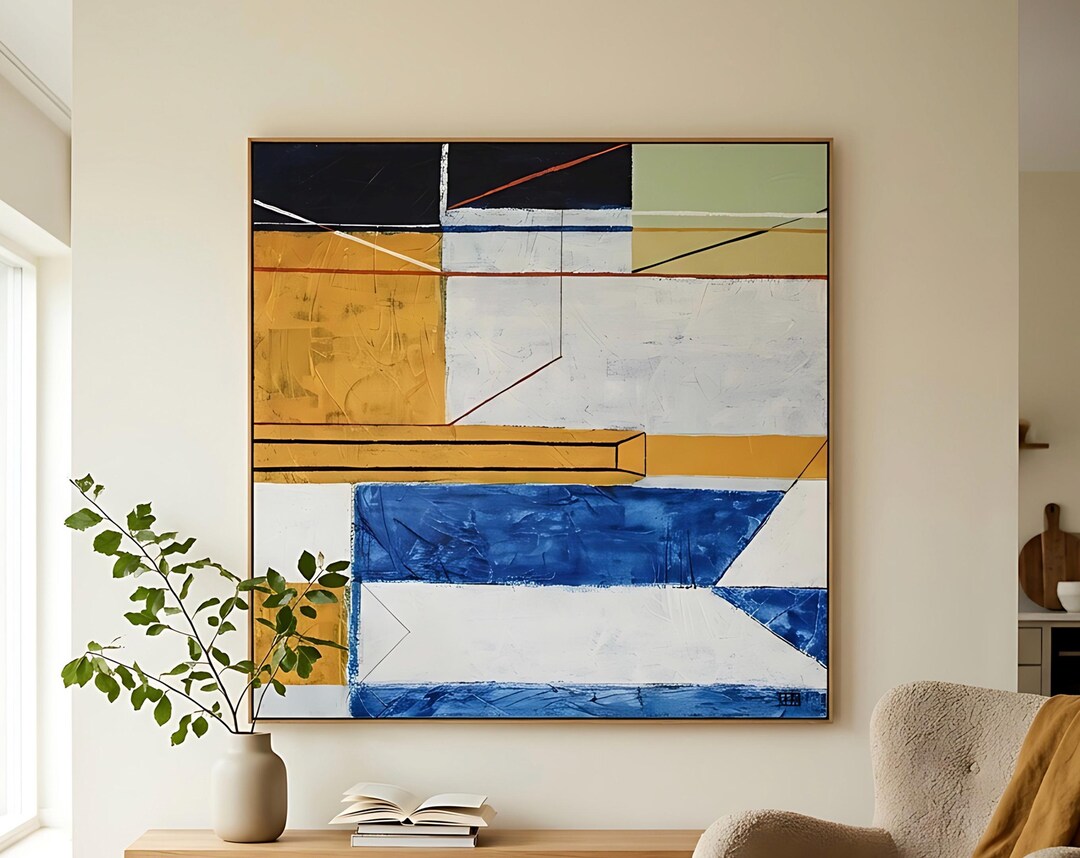 Bold Geometric Blue Abstract Wall Art — Large Modern Original Oil ...