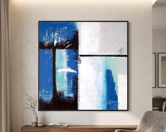 大胆なブルーのモダン抽象画ウォールアート ― オリジナル油絵 