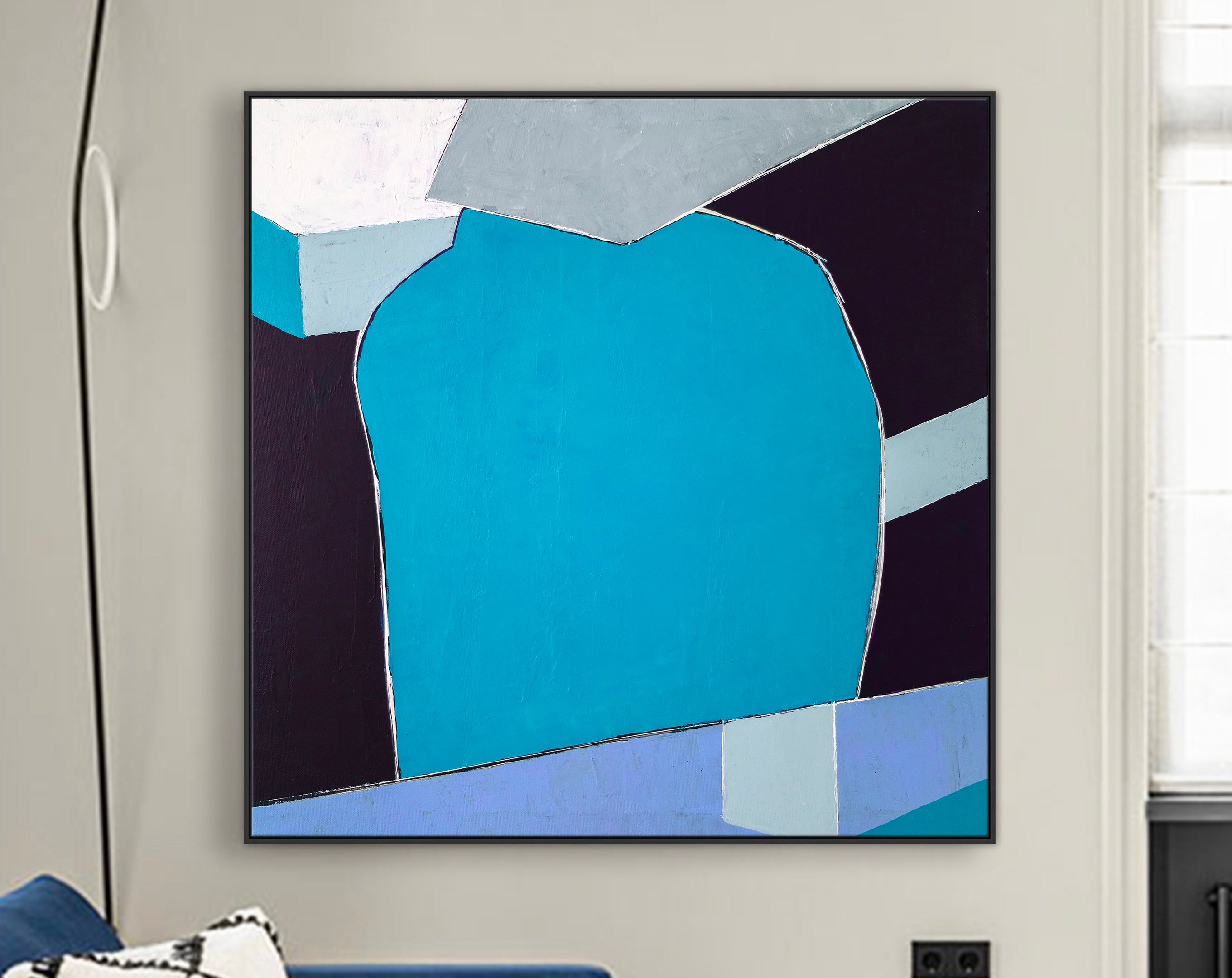 Blue Original Geometric Abstract Painting in Acrylic, Modern Canvas Wall Art of Dynamic Interplay ｜ Geometry I